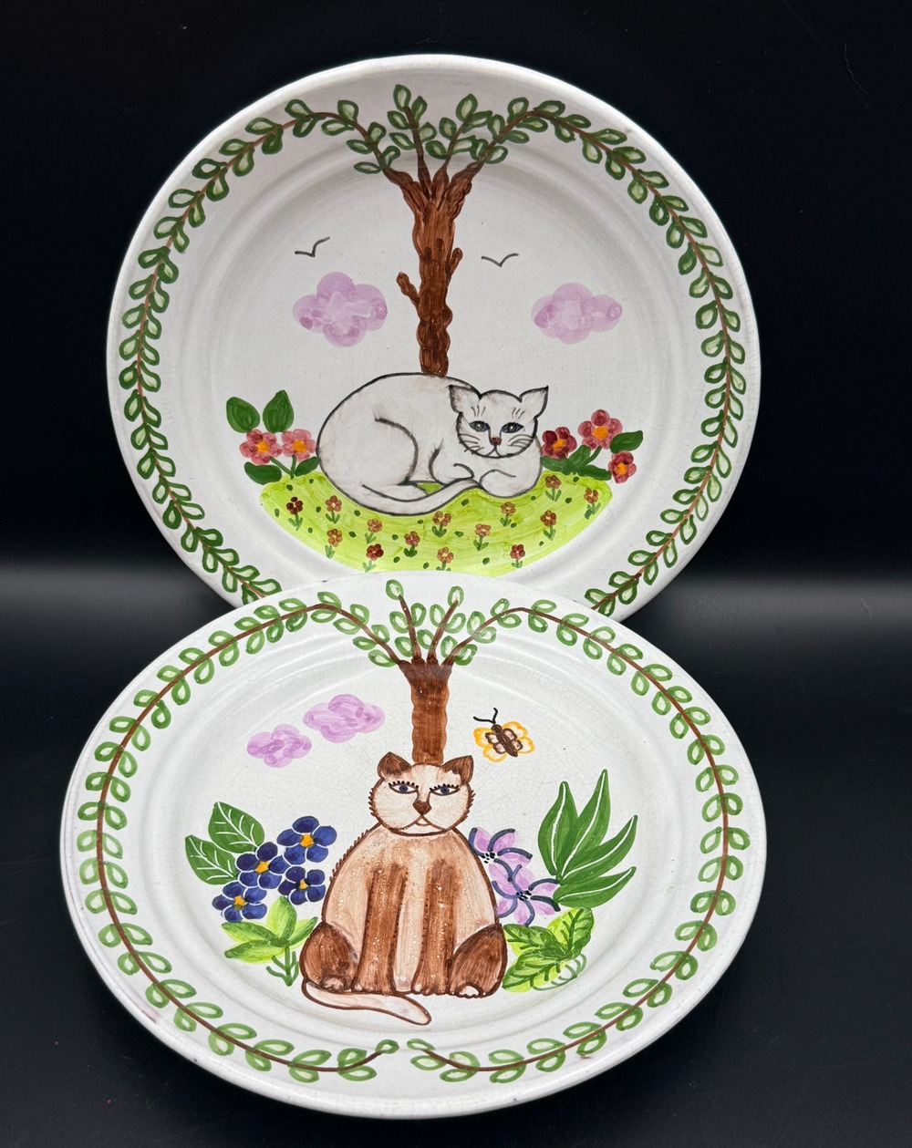 2 Signed MM Pottery Portugal 8.25" Folk Art Cat Plates Terracotta Redware Vtg